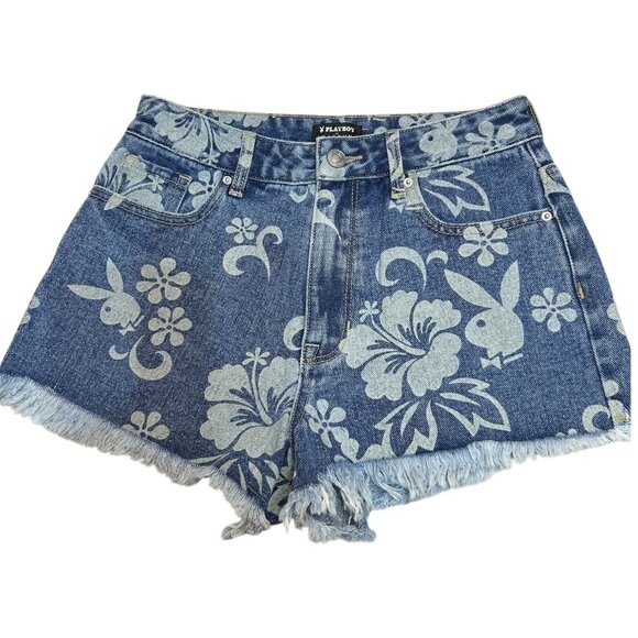 PacSun Pants - PlayBoy Pacsun Shorts Womens 25 Blue Jean Denim Fringe 90s Grunge Floral Bunny